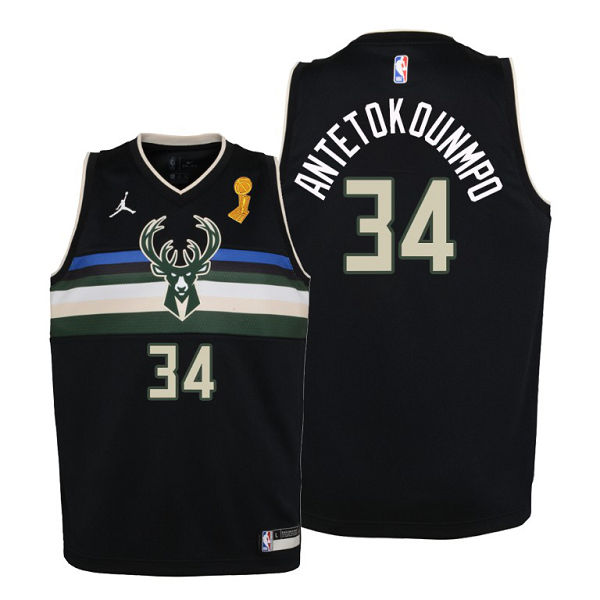 Youth Milwaukee Bucks #34 Giannis Antetokounmpo 2021 NBA Finals Champions Black Jersey