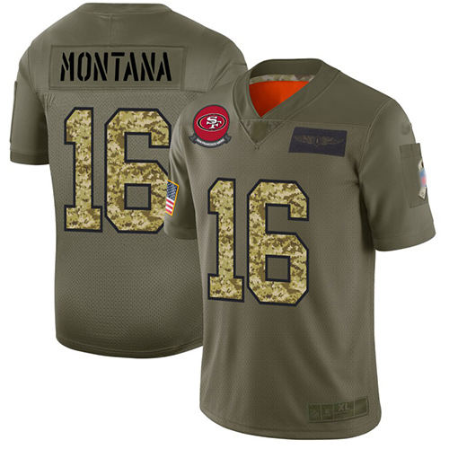 San Francisco 49ers #16 Joe Montana Olive/Camo Men's Stitched NFL Limited 2019 Salute To Service Jersey