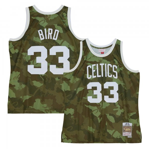 Men's Boston Celtics Larry Bird Mitchell & Ness Camo Hardwood Classics 1985/86 Ghost Green Swingman Jersey