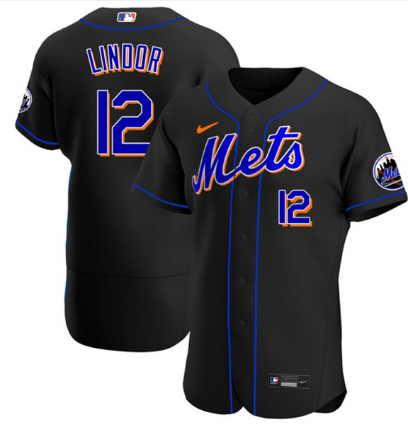 Men's #12 Francisco Lindor New York Mets Black Home Games All Stitched Jersey