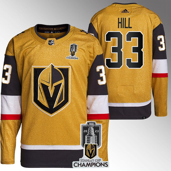 Men's Vegas Golden Knights #33 Adin Hill 2023 Stanley Cup Champions Gold Flex Base Home Jersey