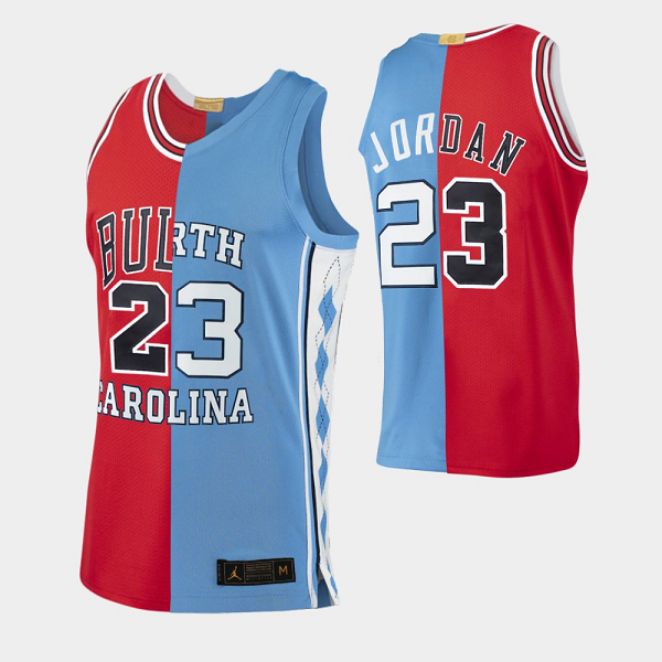 Men's Bulls X Tar Heel Michael Jordan #23 red blue Retired Number Split Edition NBA Jersey