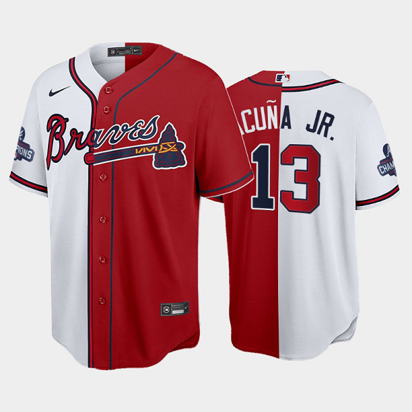 Men's Atlanta Braves Split Ronald Acuna Jr. Red White 2021 World Series Champions MLB Jersey