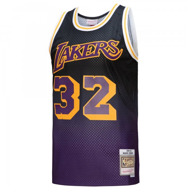 Men's Los Angeles Lakers Magic Johnson Mitchell & Ness Purple/Black 1984/85 Hardwood Classics Fadeaway Swingman Player Jersey