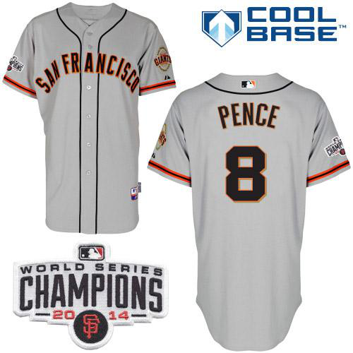 San Francisco Giants #8 Hunter Pence Grey Road Cool Base W/2014 World Series Champions Patch Stitched MLB Jersey