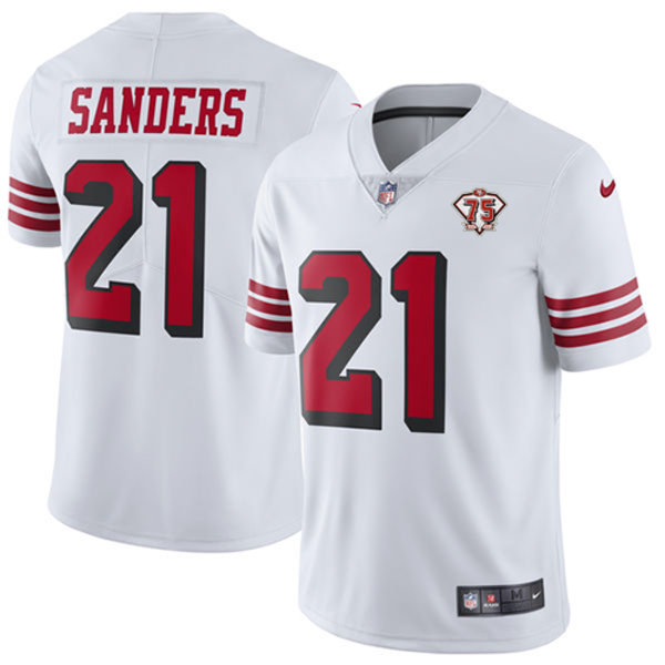 Men's Nike San Francisco 49ers #21 Deion Sanders 75th Anniversary Patch White Rush Vapor Untouchable Limited Retired Player NFL Jersey