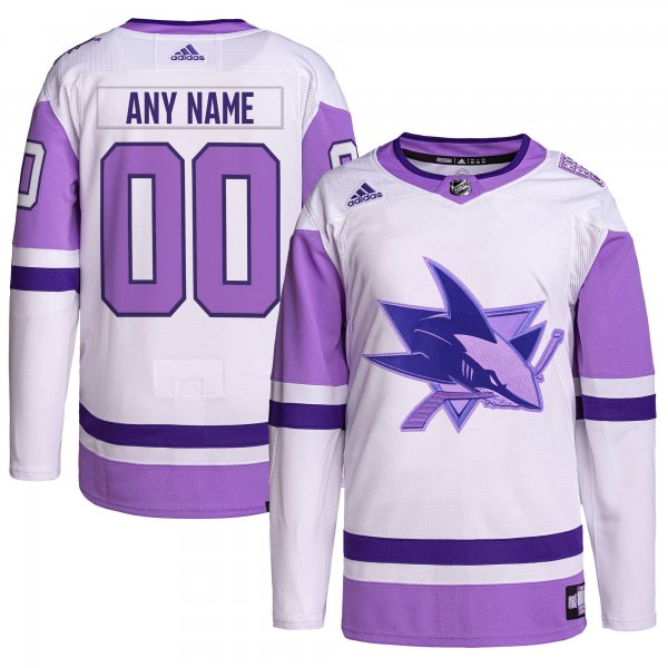 Men's San Jose Sharks adidas White/Purple Hockey Fights Cancer Primegreen Custom Jersey