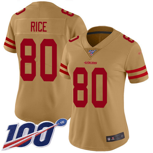 Women's San Francisco 49ers #80 Jerry Rice GoldStitched NFL Limited Inverted Legend 100th Season Jersey