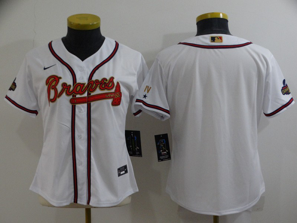 Women's Atlanta Braves Blank 2022 White/Gold World Series Champions Program Cool Base Stitched MLB Jersey