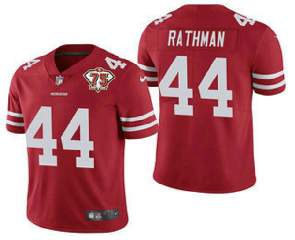 Men's San Francisco 49ers #44 Tom Rathman Red 75th Anniversary Patch 2021 Vapor Untouchable Stitched Nike Limited Jersey