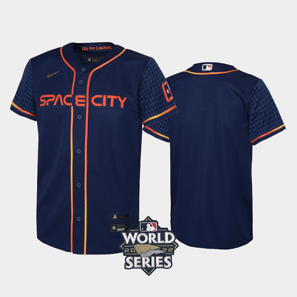 Youth's 2022 City Connect Houston Astros Cool Base Navy MLB Jersey with 2022 World Series Patch