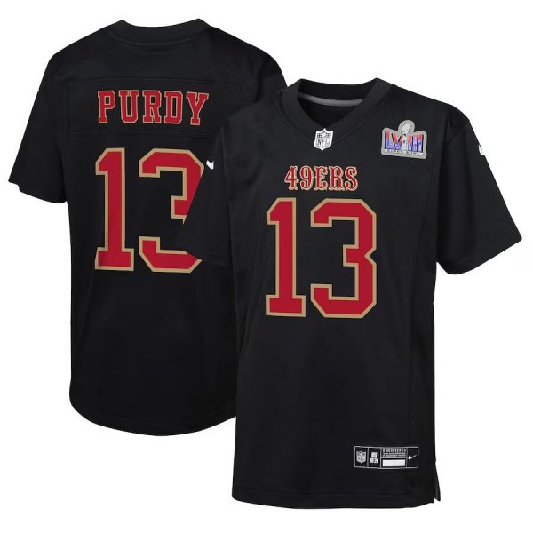 #13 Brock Purdy San Francisco 49ers Nike Youth Super Bowl LVIII Patch Carbon Fashion Limited Jersey Black