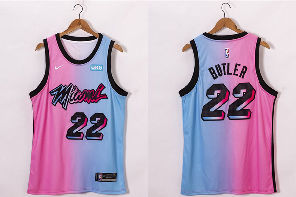 Men's Miami Heat #22 Jimmy Butler Pink Blue 2021 Nike City Edition Swingman Jersey