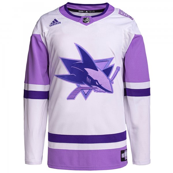 Men's San Jose Sharks adidas White/Purple Hockey Fights Cancer Primegreen Custom Jersey