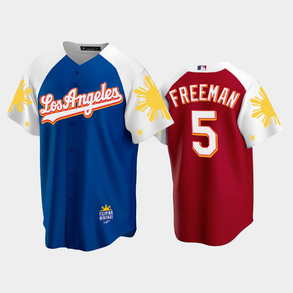 Men's Los Angeles Dodgers #5 Freddie Freeman 2022 Royal Red Filipino Heritage Night Cool Base MLB Jersey