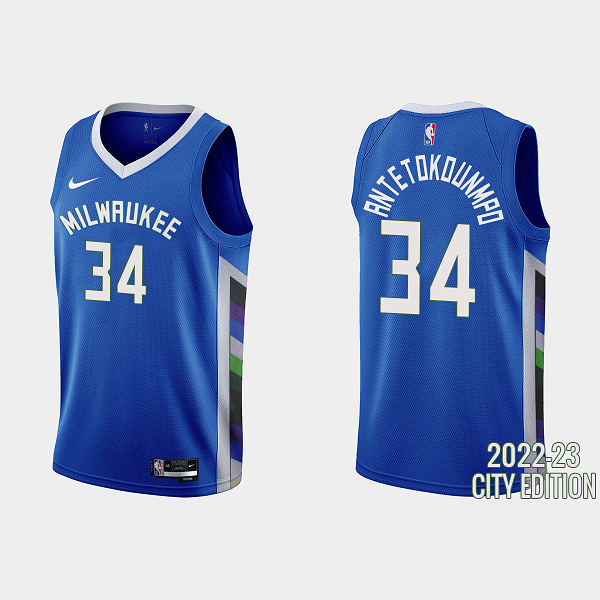 Men's Milwaukee Bucks #34 Giannis Antetokounmpo 2022-23 City Edition Blue NBA Jersey