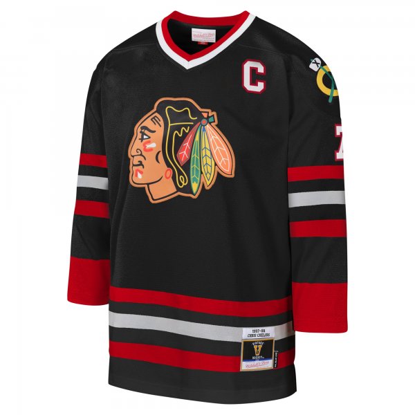 Youth Chicago Blackhawks Chris Chelios Mitchell & Ness Black 1997-98 Blue Line Captain Patch Player Jersey