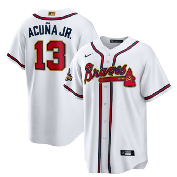 Men's Atlanta Braves #13 Ronald Acuna Jr. 2022 White/Gold World Series Champions Program Cool Base Stitched MLB Jersey