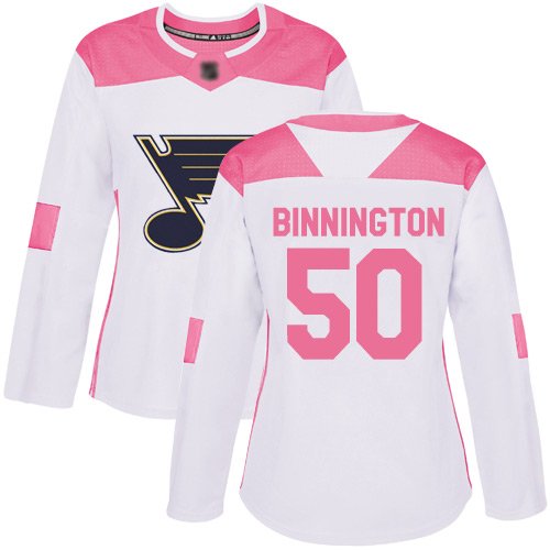 St. Louis Blues #50 Jordan Binnington White/Pink Fashion Women's Stitched NHL Jersey