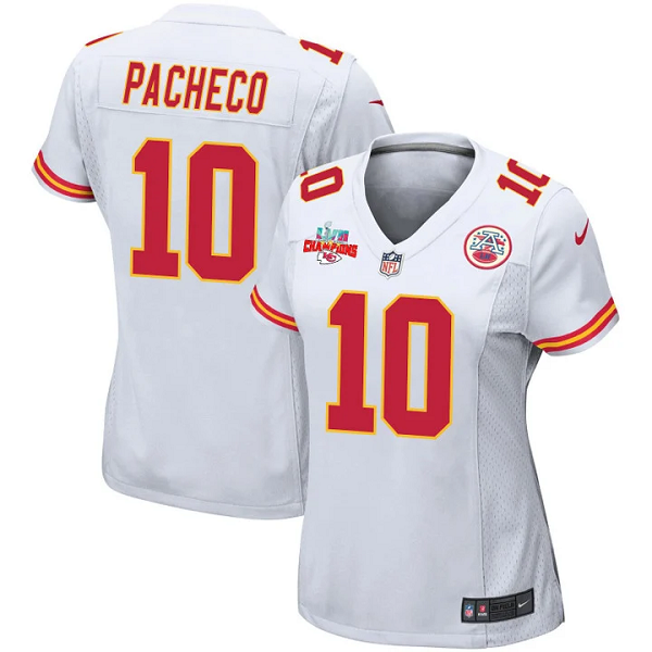 Women Nike Kansas City Chiefs #10 Isiah Pacheco Super Bowl LVII Champions 3 Stars White Jersey