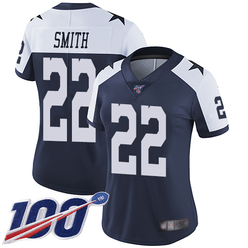 Women's Dallas Cowboys #22 Emmitt Smith Navy Blue ThanksgivingStitched NFL 100th Season Vapor Throwback Limited Jersey