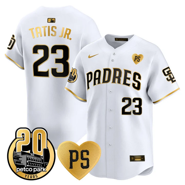 Men's San Diego Padres #23 Fernando Tatis Jr. For Peter & Petco Park 20th Patch Vapor Premier Limited All Stitched Cool Base Jersey