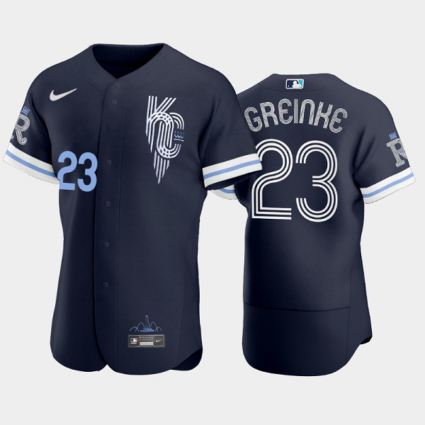 Men's #23 Zack Greinke Kansas City Royals Navy 2022 City Connect MLB Jersey