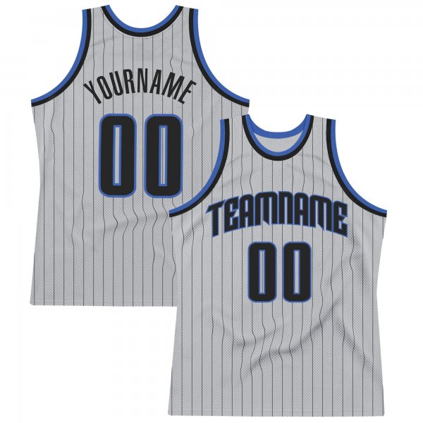 Custom Silver Gray Black Pinstripe Black-Blue Authentic Basketball Jersey