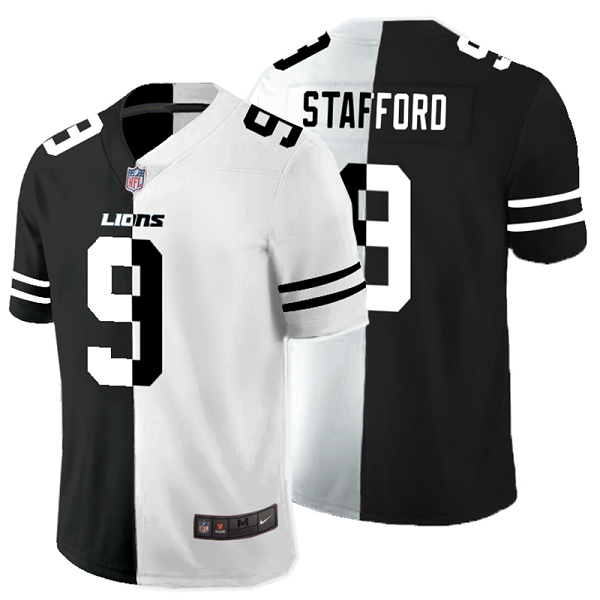 Men's Nike NFL Detroit Lions #9 Matthew Stafford Black White Peaceful Coexisting Split 2020 Vapor Untouchable Stitched Limited Jersey