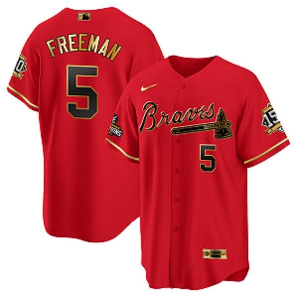 Men's Atlanta Braves #5 Freddie Freeman 2021 Red/Gold World Series Champions With 150th Anniversary Patch Cool Base Stitched Jersey