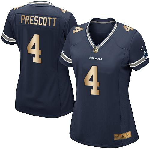 Nike Dallas Cowboys #4 Dak Prescott Navy Blue Team Color Women's Stitched NFL Elite Gold Jersey