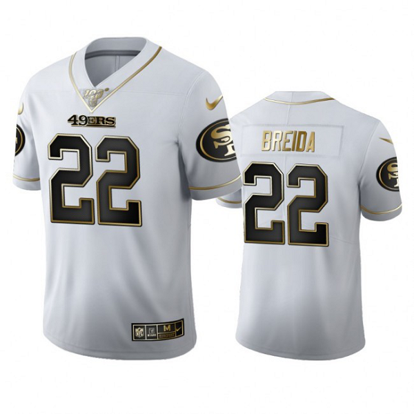 San Francisco 49ers #22 Matt Breida Men's Nike White Golden Edition Vapor Limited NFL 100 Jersey