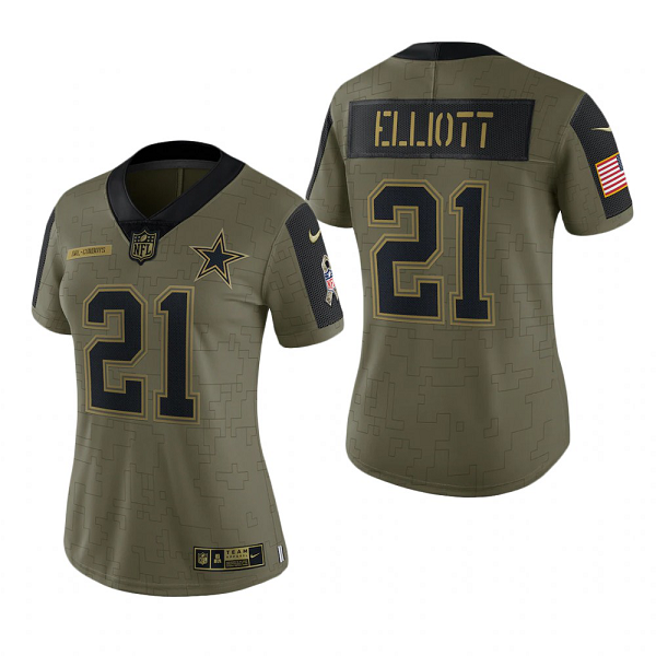 Women's Dallas Cowboys Ezekiel Elliott Olive 2021 Salute To Service Limited Jersey