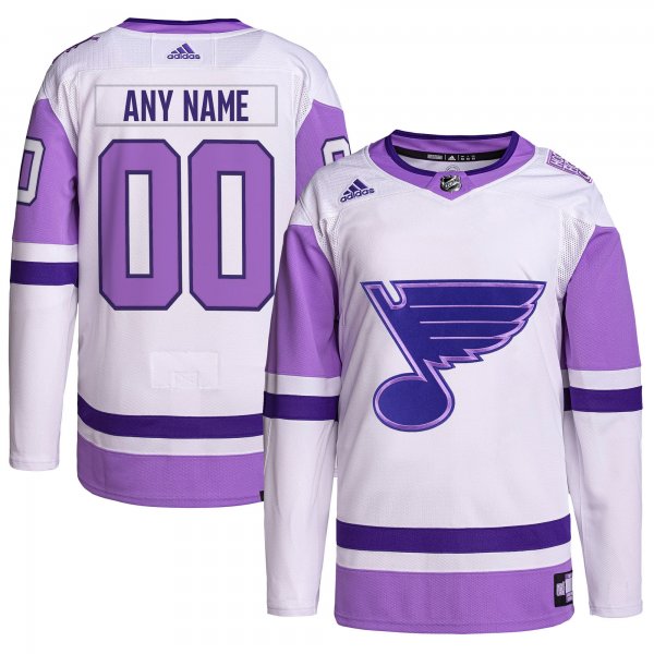 Men's St. Louis Blues adidas White/Purple Hockey Fights Cancer Primegreen Custom Jersey