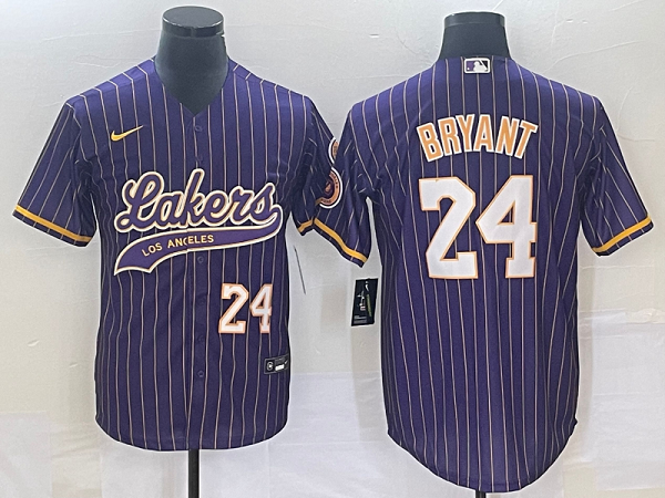 Men's Los Angeles Lakers #24 Kobe Bryant Purple Strips Baseball Jersey