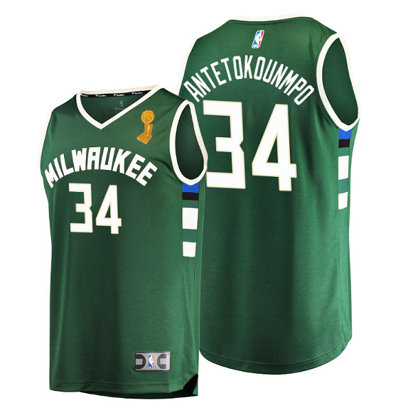 Men's Milwaukee Bucks #34 Giannis Antetokounmpo 2021 NBA Finals Champions Green Jersey