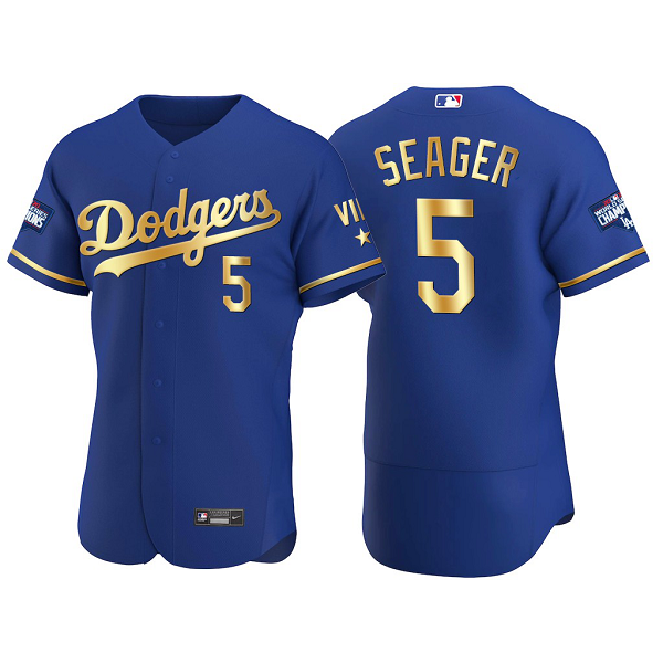 Men's #5 Corey Seager Los Angeles Dodgers 2021 Gold Program Royal World Series Champions Jersey