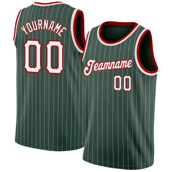 Custom Hunter Green White Pinstripe White-Red Authentic Basketball Jersey