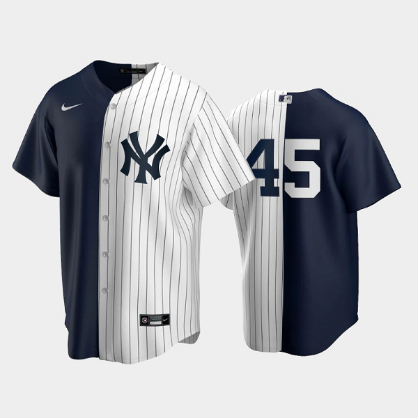 Men's split New York Yankees Home MLB Jersey 45 Gerrit Cole Navy-White Replica