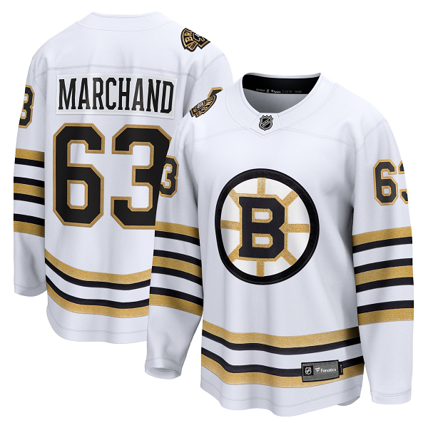 Men's Boston Bruins #63 Brad Marchand 100th Anniversary Away Breakaway White Jersey