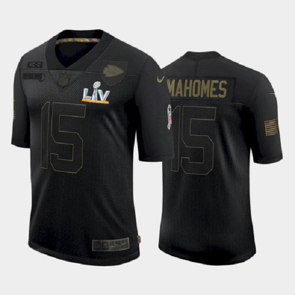 Men's Kansas City Chiefs #15 Patrick Mahomes Black Salute To Service 2021 Super Bowl LV Jersey