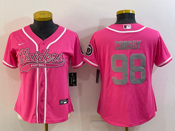 Women's Las Vegas Raiders #98 Maxx Crosby Pink Stitched Baseball Cool Base Jersey