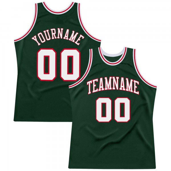 Custom Hunter Green White-Red Authentic Throwback Basketball Jersey