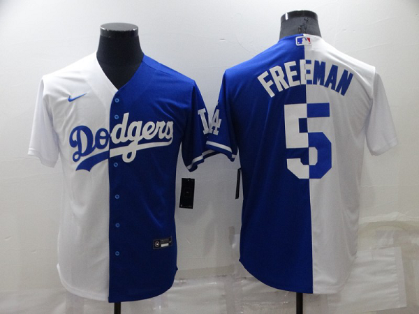 Men's Los Angeles Dodgers #5 Freddie Freeman White-Royal Replica Split Home Cool Base MLB Jersey