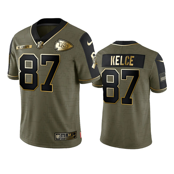 Kansas City Chiefs Travis Kelce Olive Gold 2021 Salute To Service Men's Limited NFL Jersey