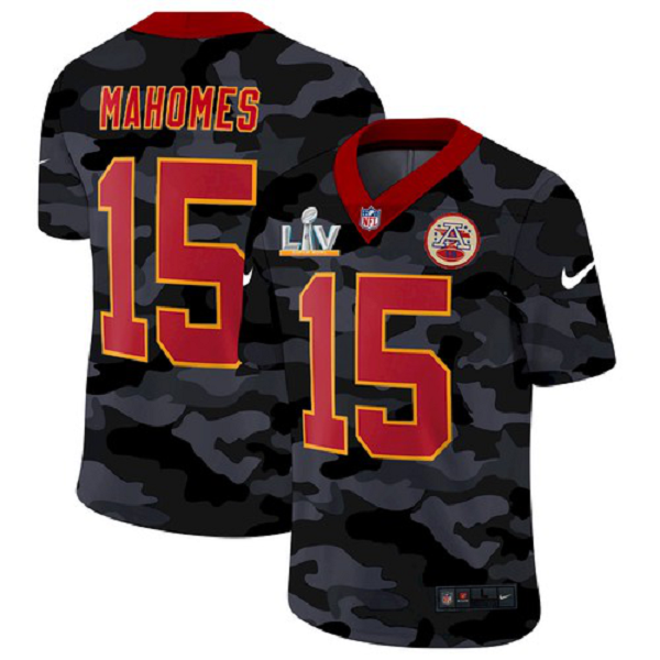 Men's Kansas City Chiefs #15 Patrick Mahomes Camo Red 2021 Super Bowl LV Jersey