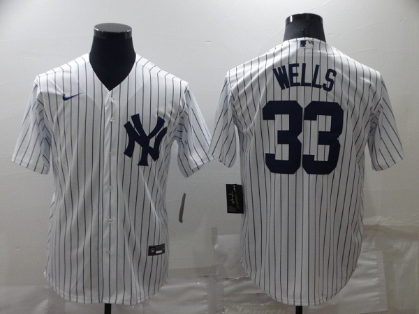 Men's Nike New York Yankees #33 David Wells White Strip Cool Base MLB Stitched Jersey