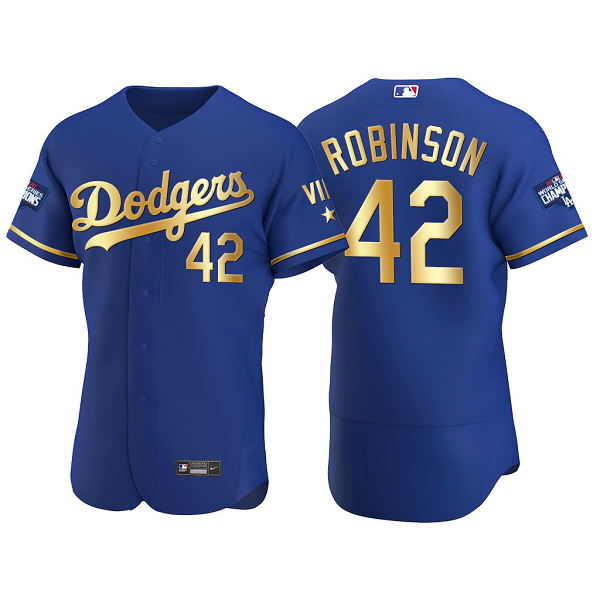 Men's #42 Jackie Robinson Los Angeles Dodgers 2021 Gold Program Royal World Series Champions Jersey