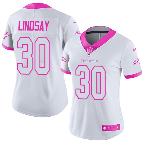 Women's Nike Denver Broncos #30 Phillip Lindsay White/Pink Stitched NFL Limited Rush Fashion Jersey