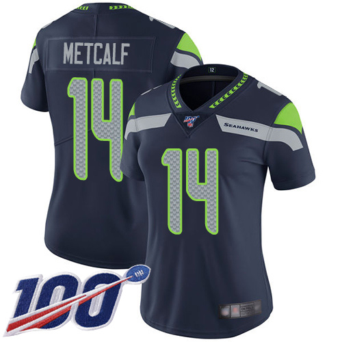 Women's Seattle Seahawks #14 D.K. Metcalf Steel Blue Team ColorStitched NFL 100th Season Vapor Limited Jersey